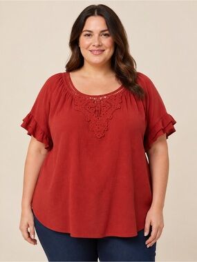 Max Studio Red Crochet-Trim Peasant Blouse